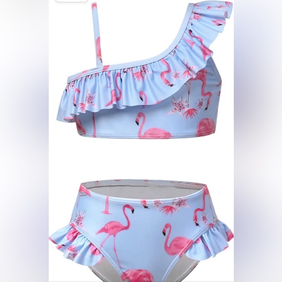 Girls One Shoulder Swimsuits Kids Two Piece Bathing Suits Ruffle Beach Swimwear - Picture 7 of 7